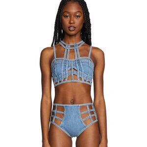 Dolls Kill Club Exx Deviant Treasure Bustier Top & Booty Shorts Set (Denim)